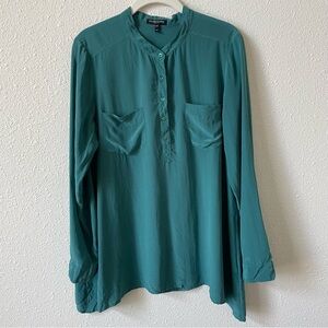 Eileen Fisher 100% Silk Mandarin Collar Half Button Popover Blouse Teal Size MP